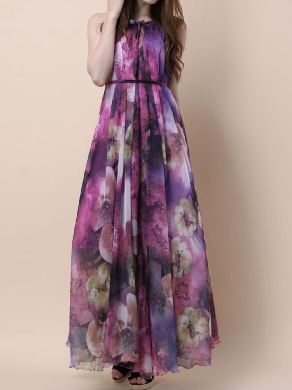 Chicwish Floral Maxi Dress Small Purple Belted Flowy Wedding Guest Formal